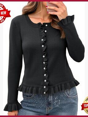 Ruffle Button Up Cropped Cardigan Sweater Cute Soft Knit Tops